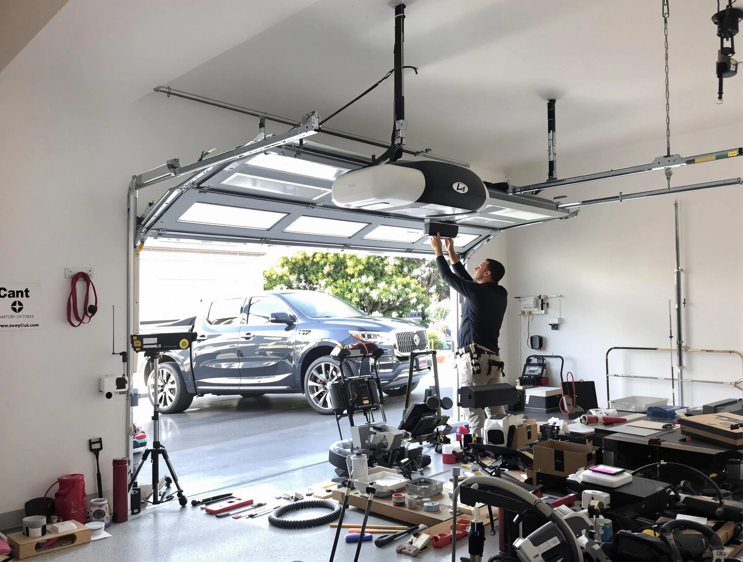 Castle Pines Garage Door Repair specialist installing smart garage door opener system in Castle Pines home